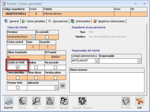 Activar/desactivar ocultación de trámite desde el expediente