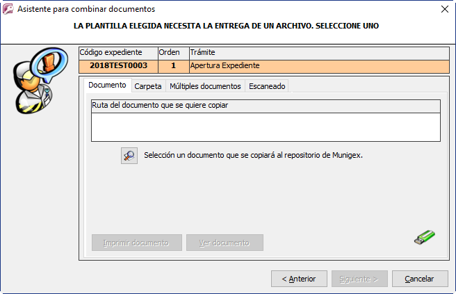 Selector de documento a incluir en el gestor