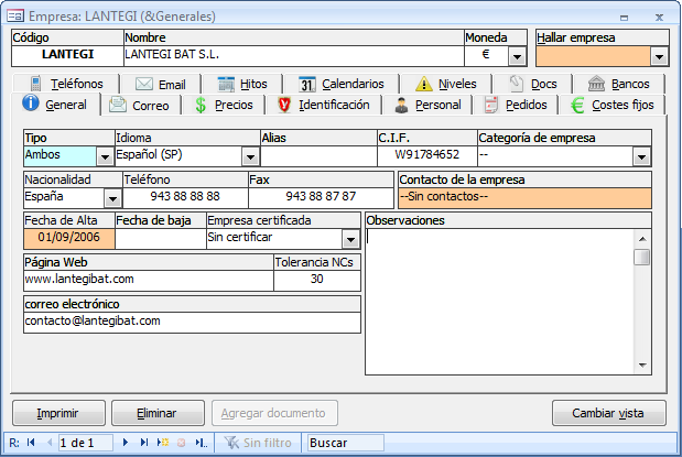 Ficha de la empresa principal