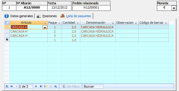 Listado de paquetes del albarán