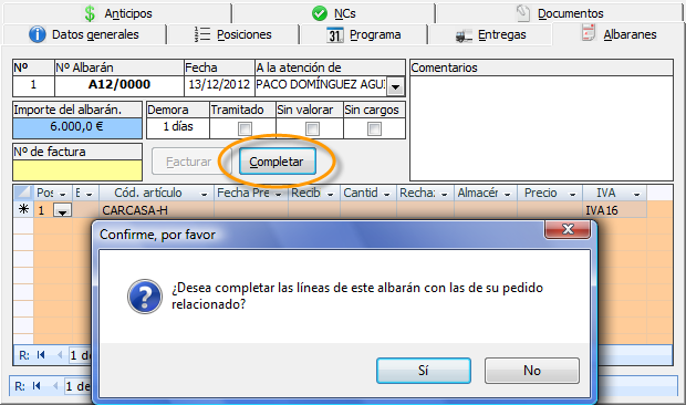 Completar albarán de forma automática