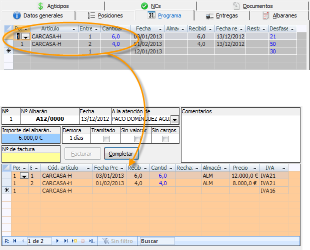 Completar albarán con los datos del programa de entregas