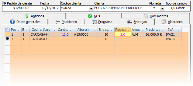 Anotación de piezas entregadas que han sido aceptadas y rechazadas