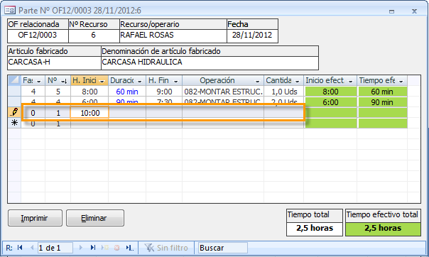 Anotar partes desde el control de partes de trabajo