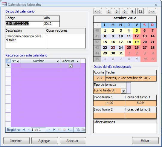 Formulario calendario