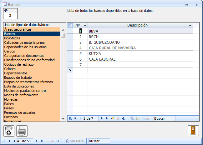 Ventana que muestra los diferentes listados de datos básicos