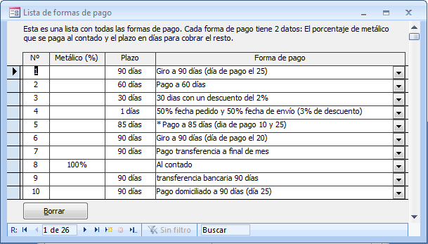 Lista de pagos a utilizar en la aplicación