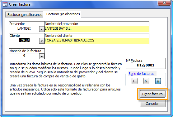 Crear una factura sin albarán