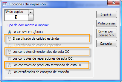 Opciones de impresión de certificados