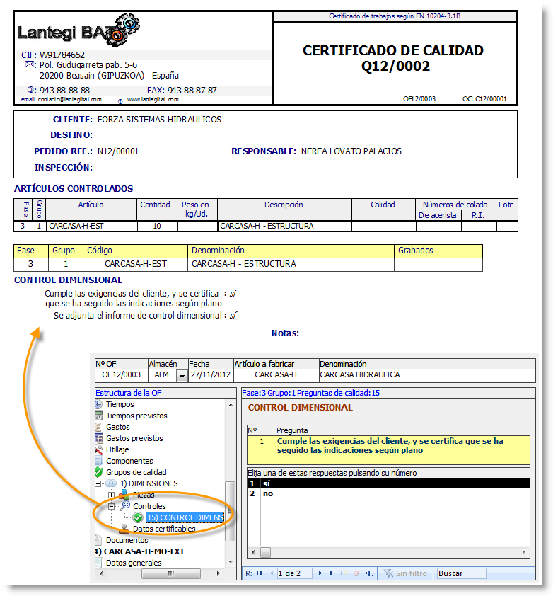 Informe de certificado con controles