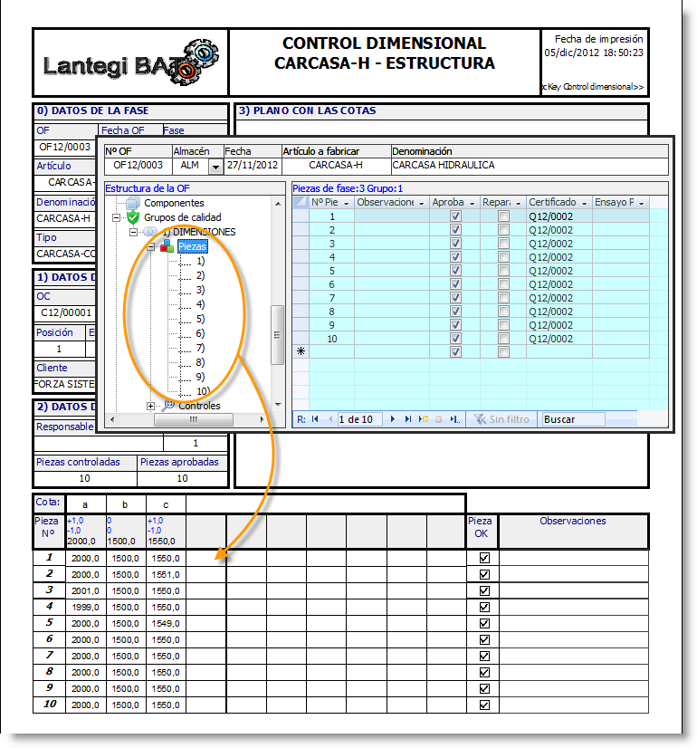 Informe de control dimensional para certificado