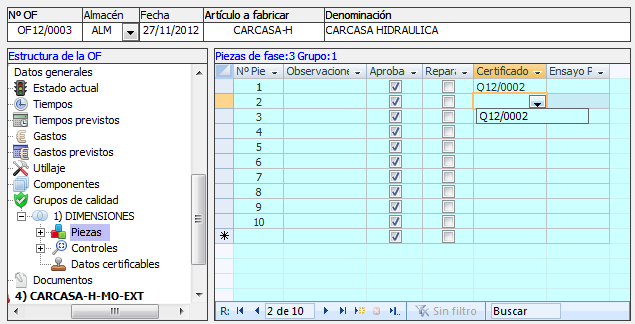 Vincular control dimensional al certificado