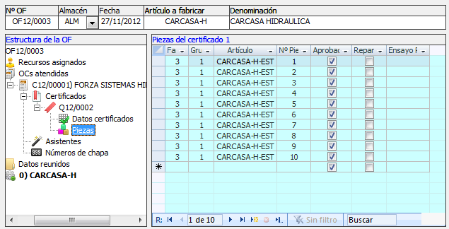 Piezas incluidas en el certificado