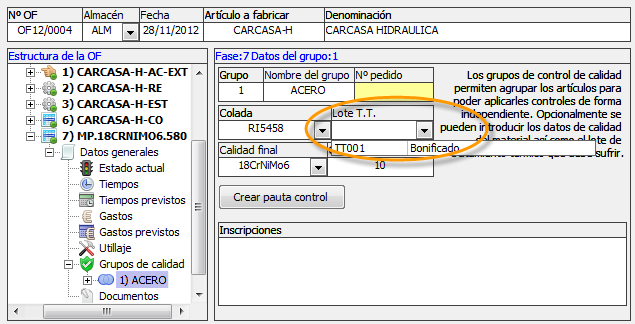 Indicar el lote de tratamiento térmico