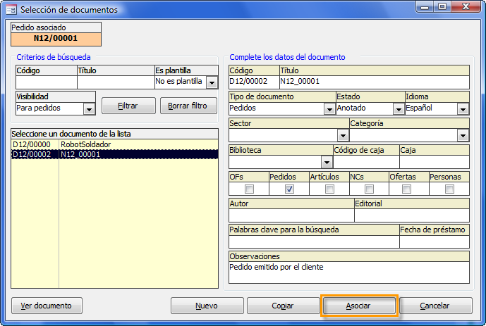 Asociar documento seleccionado