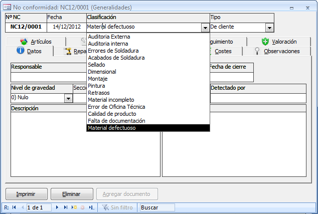 Ficha de la no conformidad al crear una nueva