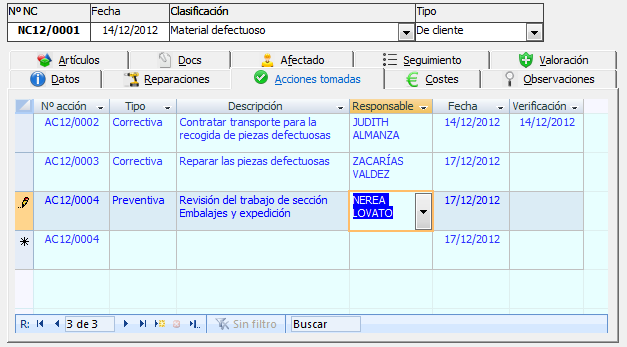 Lista de acciones que se van realizando para reparar el error