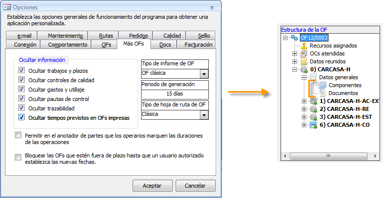 Vista de datos de la OF simplificada