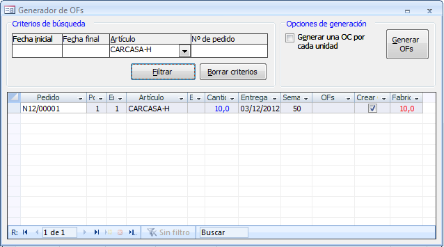 Generar OFs para atender los pedidos