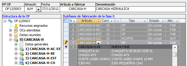 Modificar subfases de fabricación