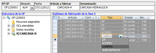 Modificar subfases de fabricación