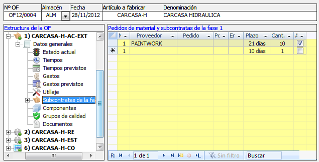 Datos por defecto del pedido de subcontrata