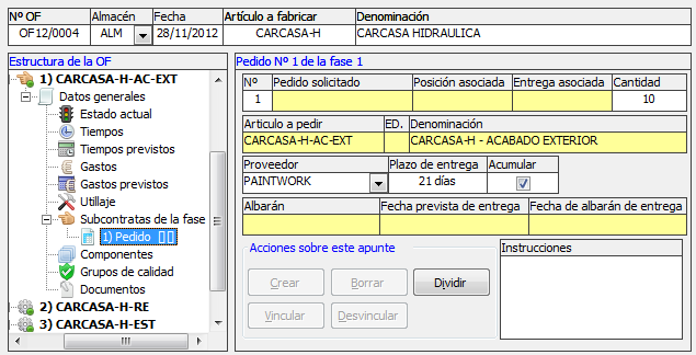 Datos del pedido subcontratado