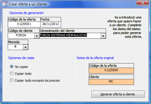 Generar nueva oferta de cliente desde cero o en base a una oferta existente