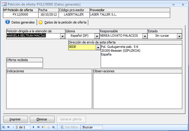 Ficha de la petición de oferta
