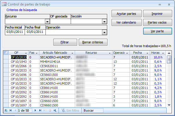 Formulario control de partes de trabajo