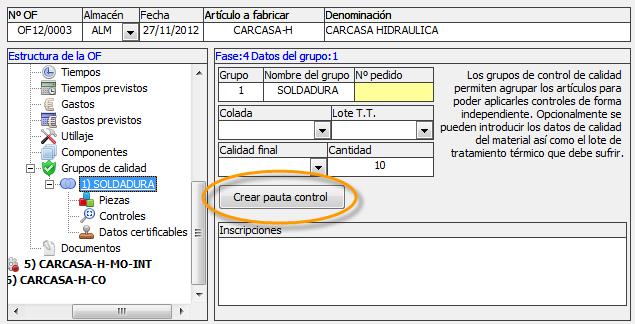 Crear pauta de control