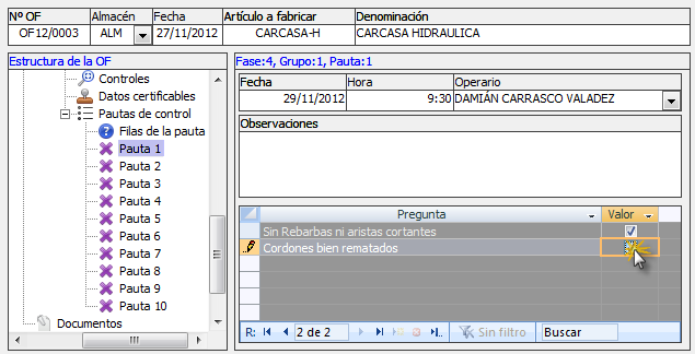 Anotar resultados del control en la OF