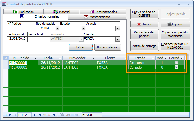 Pedido original y modificación en el control de pedidos