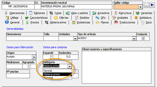 Especificar que un artículo es materia prima