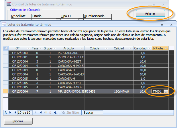 Asignar lote de tratamiento térmico a una fase de fabricación